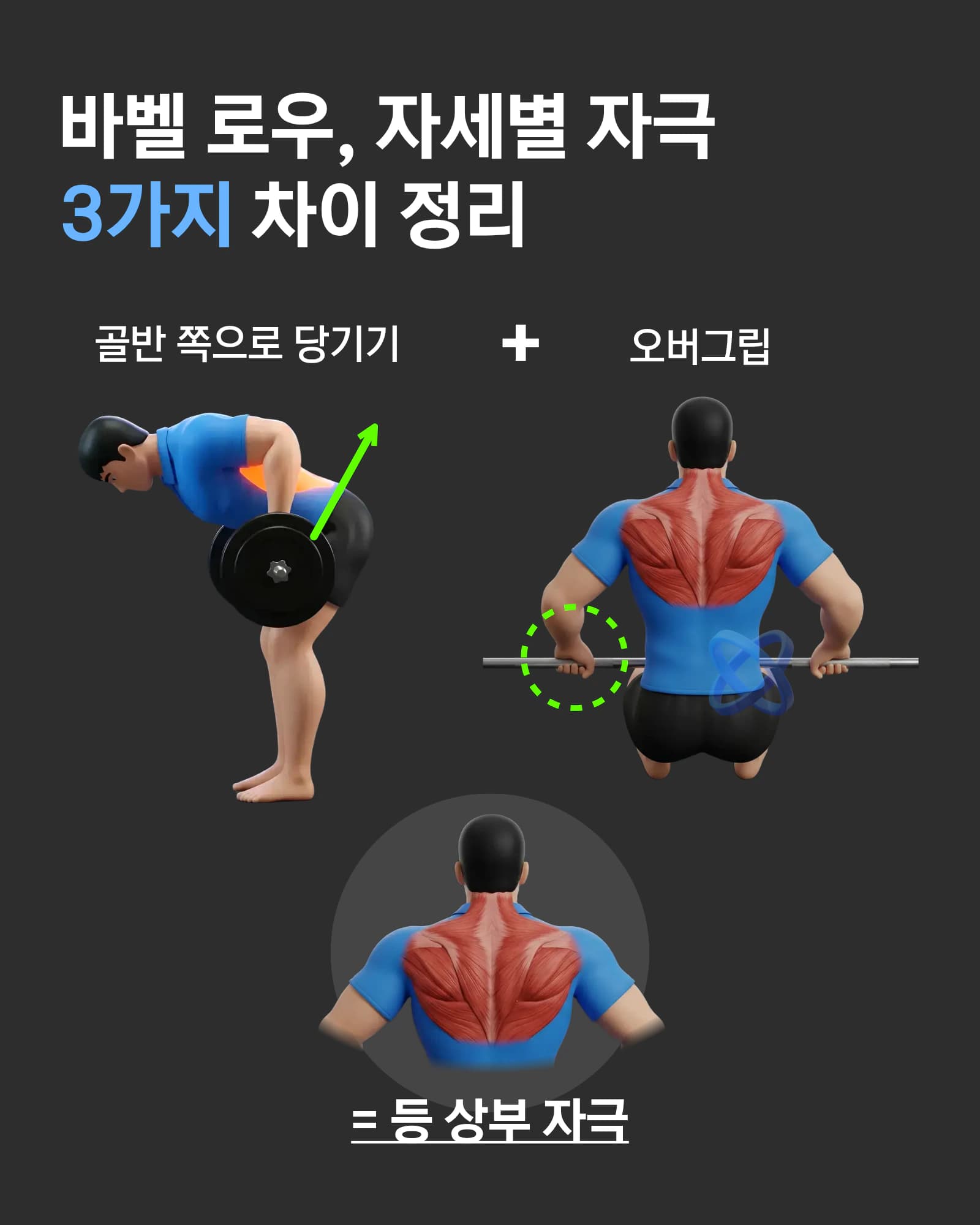 바벨로우 오버그립으로 골반 쪽 당기기 자세와 등 상부 자극 부위