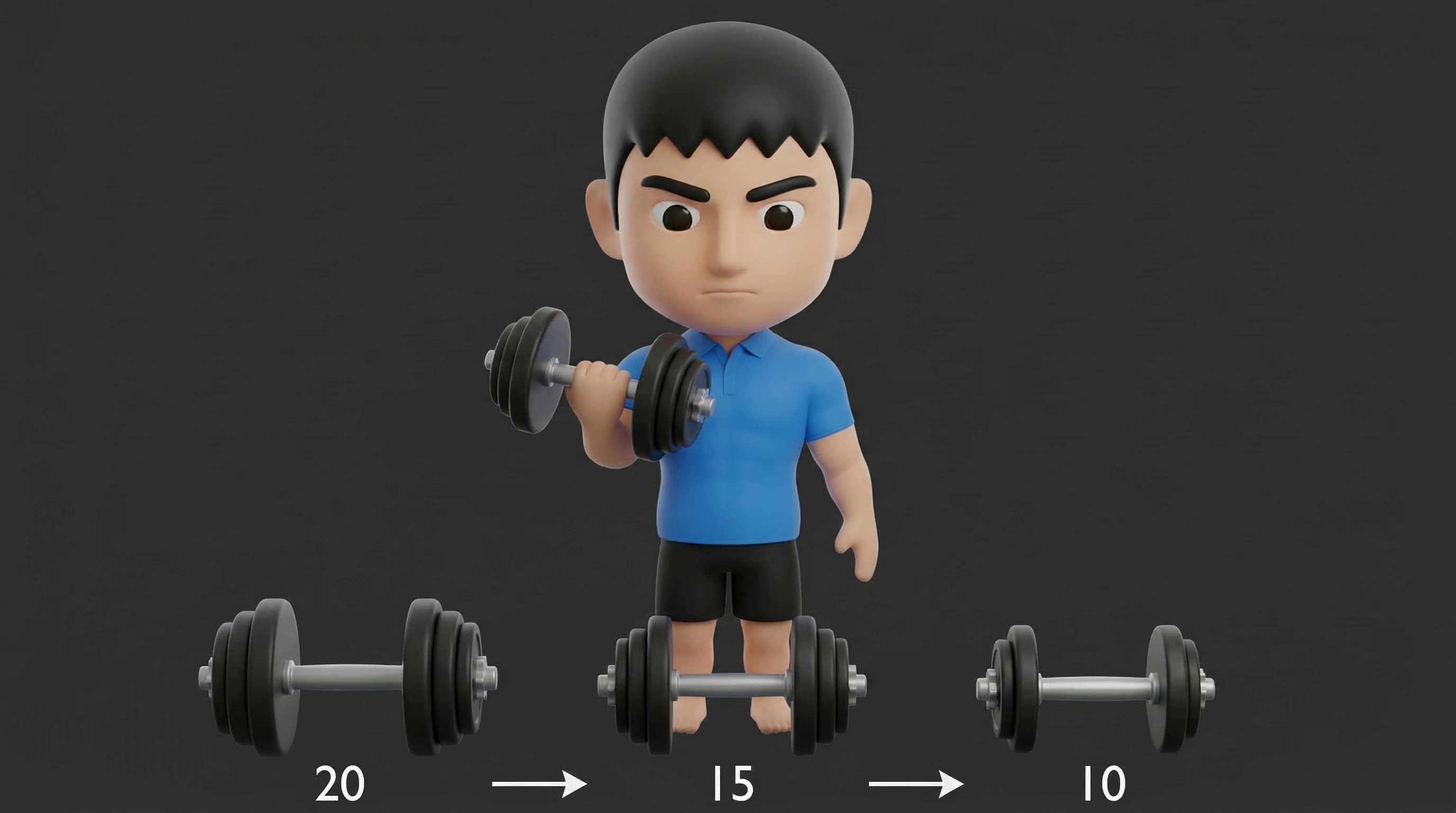 덤벨 드롭세트 수행 장면 - 20kg에서 15kg, 10kg 순으로 무게를 낮춰가는 진행 방향 화살표