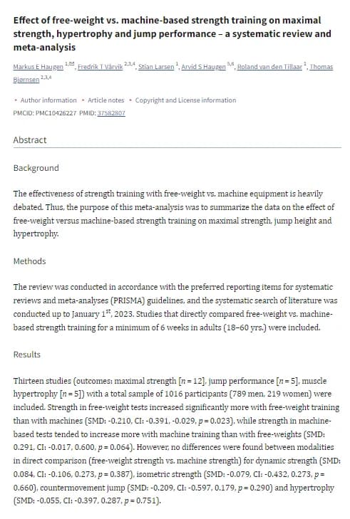 프리웨이트 근력 증가 연구 결과를 소개하는 이미지
