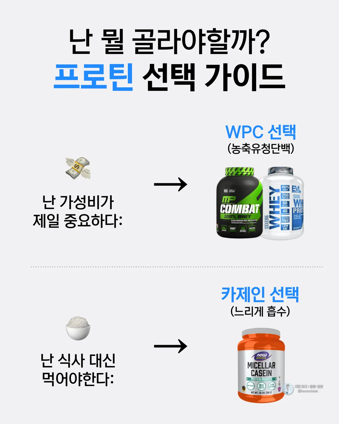 WPC와 카제인의 특징을 비교하는 가이드 이미지